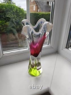 Vintage Czech Chribska pink & opal art glass vase design by Josef Hospodka C1970