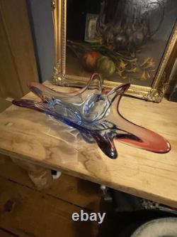 Vintage Czech or Murano Glass Clover leaf bowl Pink Purple & Blue