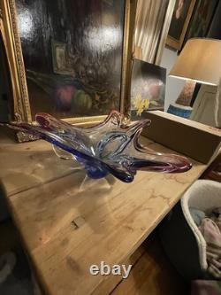Vintage Czech or Murano Glass Clover leaf bowl Pink Purple & Blue