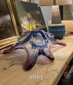 Vintage Czech or Murano Glass Clover leaf bowl Pink Purple & Blue