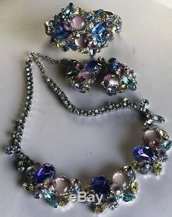 Vintage Designer Art Glass Blue Pink Green Rhinestone Necklace Bracelet Earrings