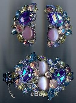 Vintage Designer Art Glass Blue Pink Green Rhinestone Necklace Bracelet Earrings