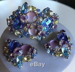 Vintage Designer Art Glass Blue Pink Green Rhinestone Necklace Bracelet Earrings