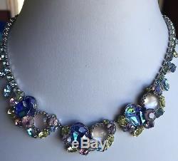 Vintage Designer Art Glass Blue Pink Green Rhinestone Necklace Bracelet Earrings