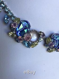 Vintage Designer Art Glass Blue Pink Green Rhinestone Necklace Bracelet Earrings