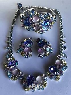 Vintage Designer Art Glass Blue Pink Green Rhinestone Necklace Bracelet Earrings