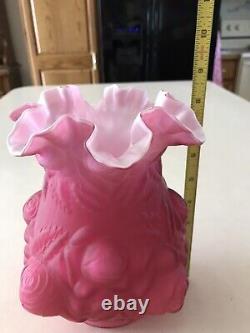 Vintage Early Fenton Art Glass Puffy Wild Rose Cased Glass Dark Pink Vase 8.5