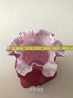 Vintage Early Fenton Art Glass Puffy Wild Rose Cased Glass Dark Pink Vase 8.5