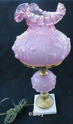 Vintage FENTON Glass Satin Pink Cabbage Rose Ruffled Table Desk Lamp Marble Base