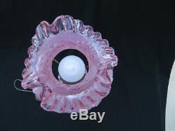 Vintage FENTON Glass Satin Pink Cabbage Rose Ruffled Table Desk Lamp Marble Base