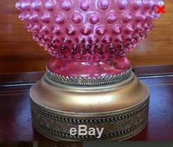 Vintage FENTON PINK & WHITE HOBNAIL LAMPS with Tall Brass Harps & Asian Finials