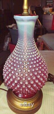 Vintage FENTON PINK & WHITE HOBNAIL LAMPS with Tall Brass Harps & Asian Finials