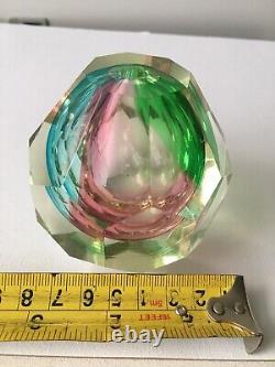 Vintage Faceted Sommerso Paperweight / Vase Cased Pink, Yellow & Blue Small Vase
