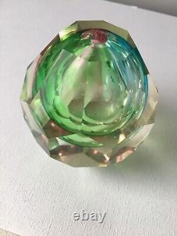 Vintage Faceted Sommerso Paperweight / Vase Cased Pink, Yellow & Blue Small Vase