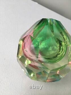 Vintage Faceted Sommerso Paperweight / Vase Cased Pink, Yellow & Blue Small Vase