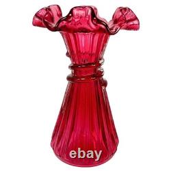 Vintage Fenton 7.25 Cranberry Dark Pink Art Glass Wheat Ruffle Edge Ribbed Vase