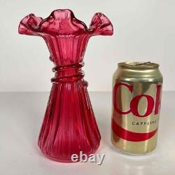 Vintage Fenton 7.25 Cranberry Dark Pink Art Glass Wheat Ruffle Edge Ribbed Vase