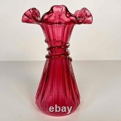 Vintage Fenton 7.25 Cranberry Dark Pink Art Glass Wheat Ruffle Edge Ribbed Vase