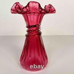 Vintage Fenton 7.25 Cranberry Dark Pink Art Glass Wheat Ruffle Edge Ribbed Vase