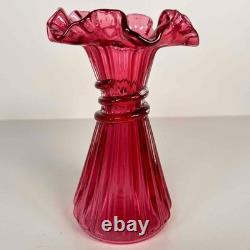 Vintage Fenton 7.25 Cranberry Dark Pink Art Glass Wheat Ruffle Edge Ribbed Vase