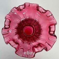 Vintage Fenton 7.25 Cranberry Dark Pink Art Glass Wheat Ruffle Edge Ribbed Vase