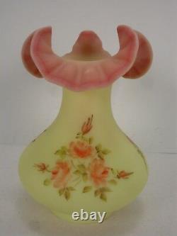 Vintage Fenton Art Glass Burmese Ruffled Vase Roses Hand Painted Marilyn Wagner