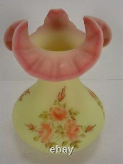 Vintage Fenton Art Glass Burmese Ruffled Vase Roses Hand Painted Marilyn Wagner