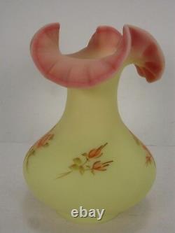 Vintage Fenton Art Glass Burmese Ruffled Vase Roses Hand Painted Marilyn Wagner