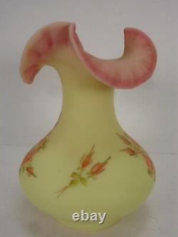 Vintage Fenton Art Glass Burmese Ruffled Vase Roses Hand Painted Marilyn Wagner