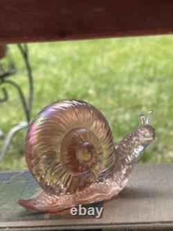 Vintage Fenton Art Glass Iridescent Peach Pink Carnival Snail Figurine Sculpture