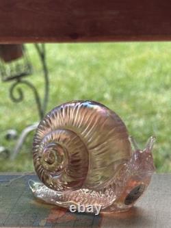 Vintage Fenton Art Glass Iridescent Peach Pink Carnival Snail Figurine Sculpture