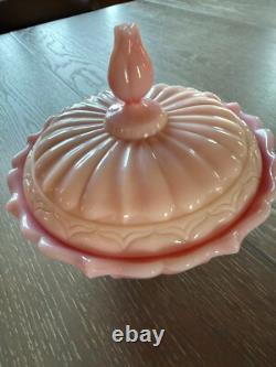Vintage Fenton Art Glass Rosalene Pink Milk Glass Covered Candy Dish