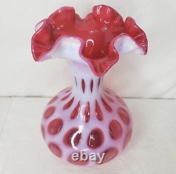 Vintage Fenton Cranberry Pink Glass Ruffled Vase Coin Dot Opalescent 8.5