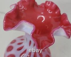 Vintage Fenton Cranberry Pink Glass Ruffled Vase Coin Dot Opalescent 8.5