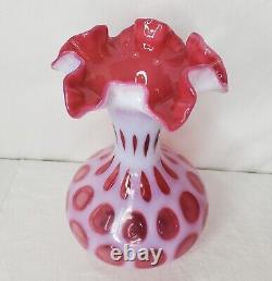 Vintage Fenton Cranberry Pink Glass Ruffled Vase Coin Dot Opalescent 8.5