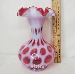 Vintage Fenton Cranberry Pink Glass Ruffled Vase Coin Dot Opalescent 8.5