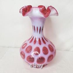 Vintage Fenton Cranberry Pink Glass Ruffled Vase Coin Dot Opalescent 8.5