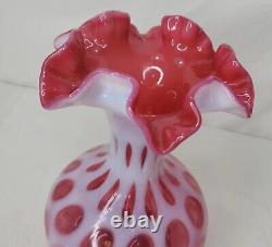 Vintage Fenton Cranberry Pink Glass Ruffled Vase Coin Dot Opalescent 8.5