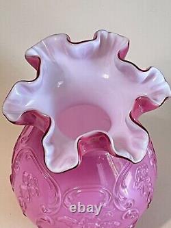 Vintage Fenton Dusty Rose Pink Ruffled Art Glass Vase Wildrose Bow Knot Pattern