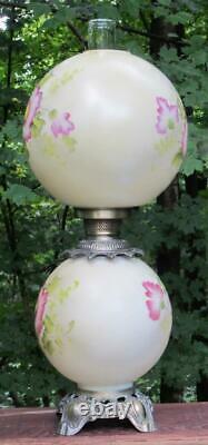 Vintage Fenton Glass GWTW Hurricane Parlor Table Oil Lamp Pink Floral 28 t