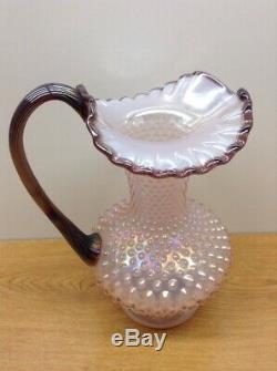 Vintage Fenton Glass- Pink Iridescent Hobnail Carnival Crest Pitcher Large