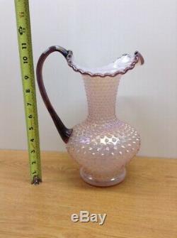 Vintage Fenton Glass- Pink Iridescent Hobnail Carnival Crest Pitcher Large