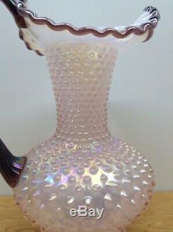 Vintage Fenton Glass- Pink Iridescent Hobnail Carnival Crest Pitcher Large