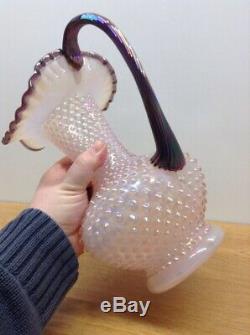 Vintage Fenton Glass- Pink Iridescent Hobnail Carnival Crest Pitcher Large