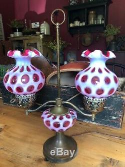 Vintage Fenton Glass USA Made Cranberry Pink Opalescent Coin Dot Lamp WORKS