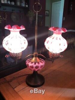 Vintage Fenton Glass USA Made Cranberry Pink Opalescent Coin Dot Lamp WORKS