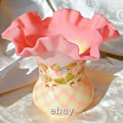 Vintage Fenton Hand Painted Signed Burmese Satin Glass Wide Vase Diamond Optic