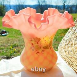 Vintage Fenton Hand Painted Signed Burmese Satin Glass Wide Vase Diamond Optic