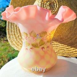 Vintage Fenton Hand Painted Signed Burmese Satin Glass Wide Vase Diamond Optic