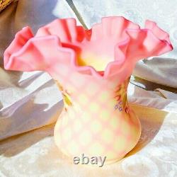 Vintage Fenton Hand Painted Signed Burmese Satin Glass Wide Vase Diamond Optic